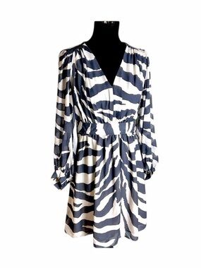 H&M Gray Cream Semi Sheer A-Line Dress animal striped print Size Small.